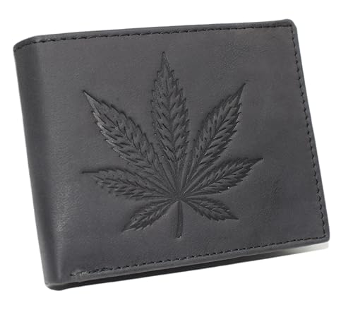 Men’s RFID Blocking Vintage Leather Bifold Wallet – Marijuana Leaf Design – Cannabis Leaf Debossed Genuine Leather Wallet (Black)