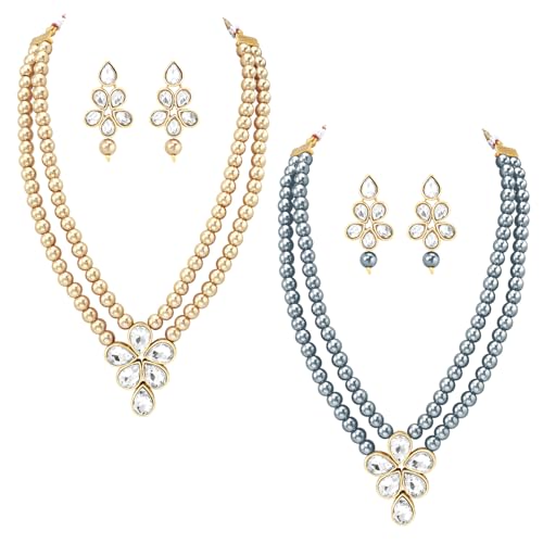 Image of Peora Crystal Faux Pearl Kundan Necklace & Jewellery Set Gift for Women