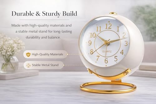 Image of Vintage Twin Bell Analogue Table Alarm Clock with Night LED Light Ideal for Students and Kids Bedroom (Twin Bell Cream Clock Small(Cream))(1-pcs)