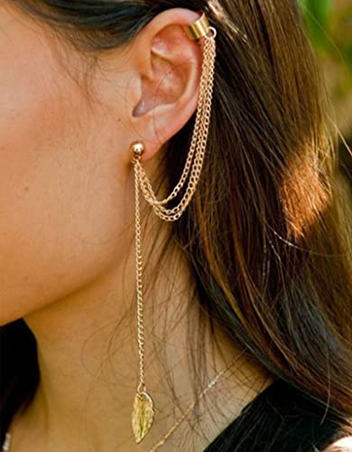 Fxiqini 9PCS Cuff Earrings Chain Butterfly Moon Small Hoop Wrap Leaf Tassel Ear Stud Long Chain Adjustable Ear Clip Drop Dangle Earrings for Women Girls - Image 4