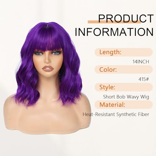 Image of AGO Purple Wig with Bangs Short Loose Wave Pastel Bob Wigs Shoulder Length Synthetic Hair for Women Girl Synthetic Heat Resistant Fiber for Daily Party Halloween Cosplay Use(415#Purple)