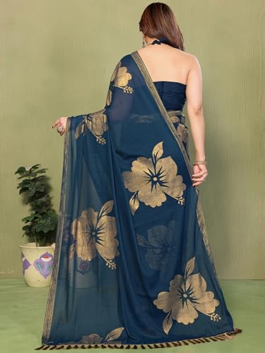 Image of Satrani Women's Shimmer Georgette Foil Printed Saree with Unstitched Blouse Piece