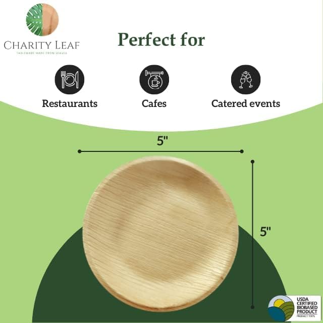 Miniatura 3 de Charity Leaf Platos redondos desechables de hoja de palma de 5 pulgadas (50 piezas) como bambú para servir, tableros desechables, vajilla ecológica