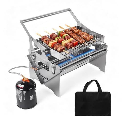 Portable Gas Grill 360 Rotating Charcoal Grill Stainless Steel Flipping Camping Barbecue Grill with Carry Bag Detachable BBQ Grill & Fire Pit for Outdoor Cooking Camping Tailgating Patio & Backyard