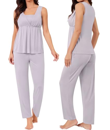 Image of SWOMOG Maternity Nursing Robe Set 3 Piece Breastfeeding Pajamas 3 in 1 Labor Delivery Sleevless Tops&Long Pants Pregnancy Pjs
