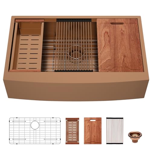 Lordear 36x21Inch Copper Tone Farmhouse Kitchen Sink Workstation SUS304 16-Gauge Stainless Steel Farmhouse Sink Apron Fron Farm Style Undermount Sinks, 36'x21'x10'