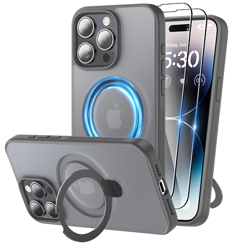 Coque magnétique iPhone 15 Pro Max antichoc protecteur ecran support MagSafe anneau gris mat