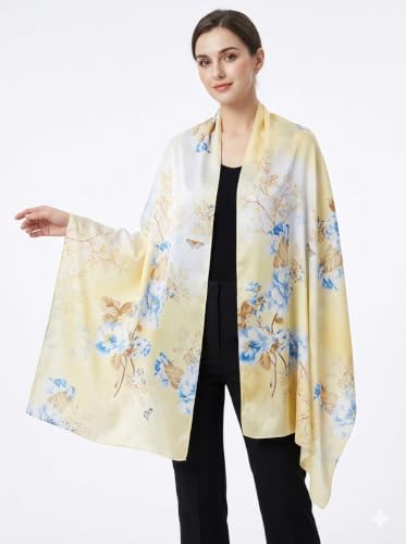 Image of Floral Printed Silk stole | silk Scarf for Women | stylish silk stole for women | Soft Lightweight Stole, Shawl & Neck Wrap | Scarf for Wedding, Party, Travel & Casual Wear