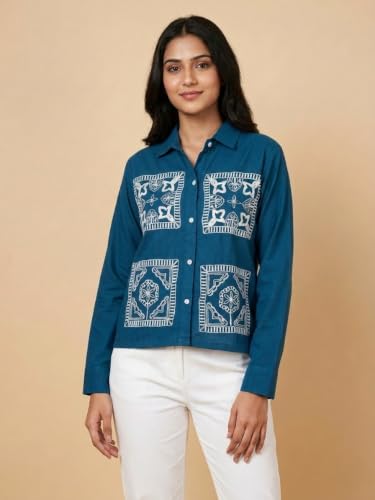 Image of Stylish Women's Embroidered Shirts | Geometric Pattern Half Sleeve Collared Button-Up Casual Shirt for Women