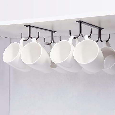 FOMANSH Mug Rack Under Cabinet - Coffee Cup Holder, 8 Mugs Hooks Under Shelf, Display Hanging Cups Drying Hook for Bar Kitchen Utensils Black, 2 Pack Cover