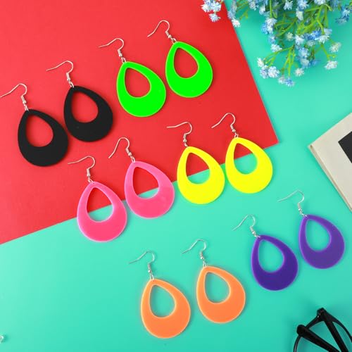 Neon Earrings for Glow party, 6 Pairs 80s 90s Acrylic Neon Dress for Women Glow Club Dangle Geometry Pendant Outfit for Dating Shopping Accessories4