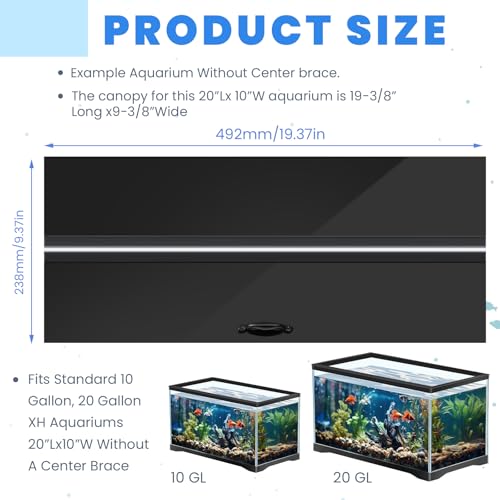 Image of Sieral Aquarium Lids Polycarbonate Canopy with LED Light 19.37 x 9.37 x 0.12 Inch for 10 /20 Gallon Without Center Brace Aquariums Cover Fish Tank Lid with a Hook Knife, Black