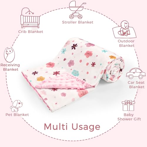 Image of Pea Pod Baby Girls Blanket Soft Floral Minky Blanket for Newborn, 30'' x 40'' Double Layer Design, Dotted Backing Warm Baby Quilt Crib Blanket for Nursery /Stroller /Toddler Bed /Baby Car Seat