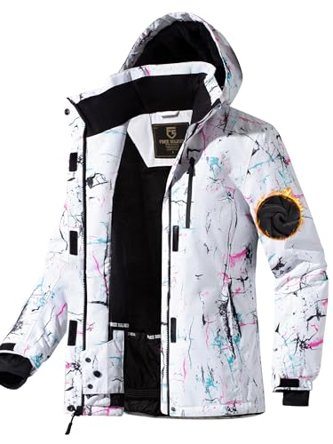 FREE SOLDIER Women's Waterproof Ski Snow Jacket Fleece Lined Warm Winter Rain Jacket with Hood Fully Taped Seams(Floral Print,L)