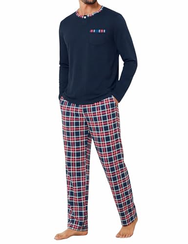 Jahetuul Pijama Hombre Invierno Algodón Manga Larga Camiseta con Cuello Redondo y Botón Pantalón de Cuadros Conjunto de Noche Cálido y Transpirable