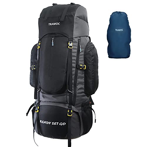 TRAWOC 80L Travel Backpack Camping Hiking Rucksack Trekking Bag with Water Proof Rain Cover/Shoe Compartment- BHK001 Black