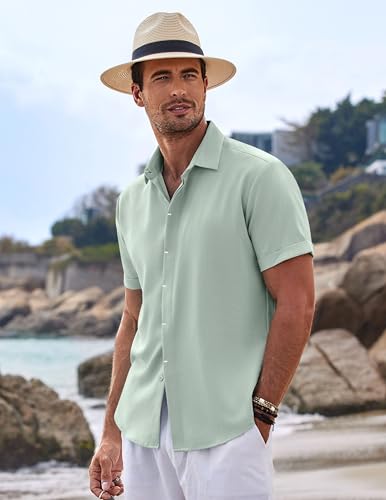 Image of COOFANDY Men's Linen Shirts Short Sleeve Casual Shirts Button Down Shirt for Men Beach Summer Wedding Shirt