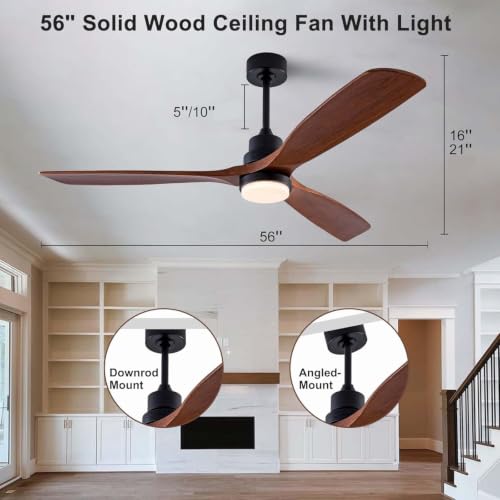 Image of QUTWOB 56 inch 3-Blade Wood Ceiling Fan with Light & Remote, Indoor Outdoor