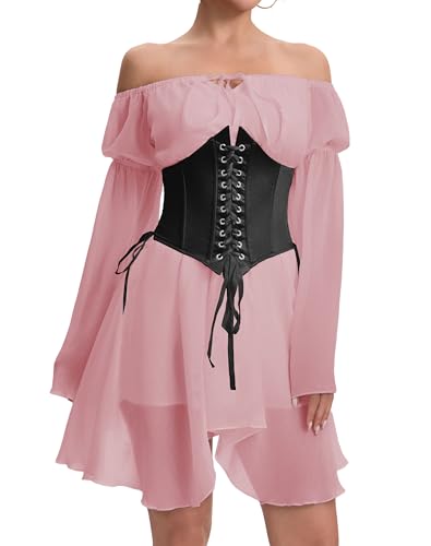 Image of Womens Corset Dresses Off Shoulder Bell Sleeve Casual Party Fairy Two Piece Outfits Bustier Dress