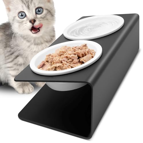 Vikcvcsc Katzennapf Erhöht - 2X Fressnapf Katze aus Keramik mit Metall Ständer - Futterstation Katzen Erhöht - Katzen Napfset für Katzen Hunde...