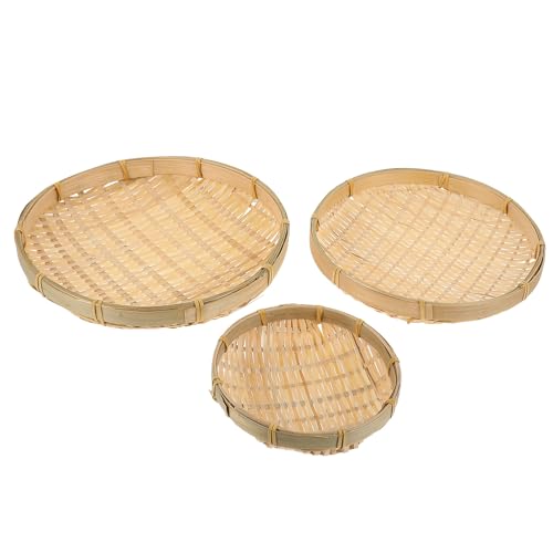 Housoutil 3 Tamices de Bambú Tejidos a Mano, Set de 3 Piezas (15 Cm, 22 Cm, 26 Cm), Multiusos para Tamizar Arroz, Almacenar Frutas y Verduras, Cesta de Almacenamiento para Cocina