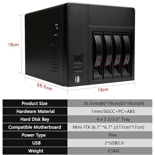 AUDHEID Mini-ITX NAS PC K3シャーシ、4ベイDIYコンピューターケース、PSU Flex&MB ITX対応、2.5/3.5インチトレイ4個。ネットワーク接続ストレージエンクロージャ。フロントUSBポート2つと背面12cmのシャーシファン1個。