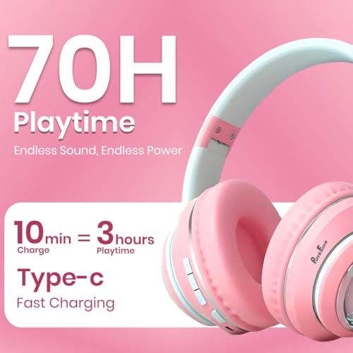 Image of PunnkFunnk Astro Junior Wireless Bluetooth Headphones with BT 5.3, Noise Cancelling, Hi-Res Audio, 40mm Drivers, Deep Bass, Memory Foam Ear Cushions, Over-Ear Headset for Kids, Teens & Adults (Pink)