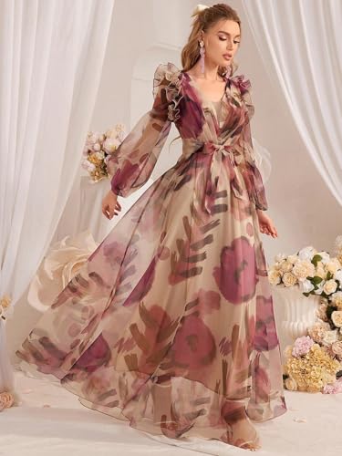 Image of TOLEEN Summer Casual Dresses for Women 2024 Spring Fashion Boho V Neck Long Sleeve Ruffle Floral Print Elegant Maxi Dress