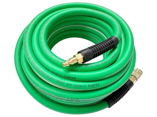 SANFU Hybrid Air Hose 3/8ID x 100FT 300PSI Durable Lightweight With 1/4 Premium Brass Coupler and Plug Bend Restrictors Green&White(100)