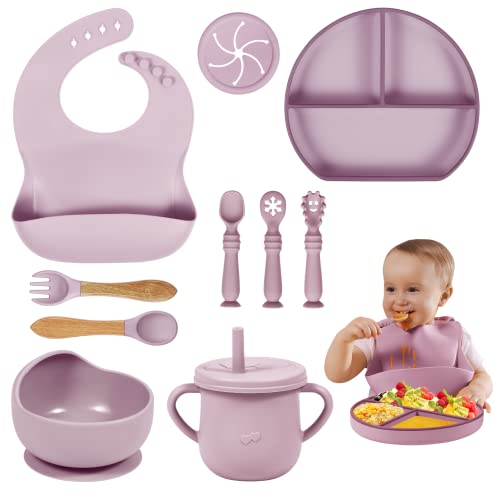 COKWEL Silicone Baby Weaning Set - Toddler Feeding Set with Plate & Bowl with Suction - Weaning Adjustable Bib, Sippy Cup, Fork & Spoon - Microwave Safe, Easy Clean (Pink)