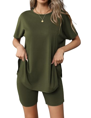 Image of Ekouaer Women's 2 Piece Lounge Set 2026 Summer Biker Shorts Set Outfits Short Sleeve Oversized Top Matching Tracksuit