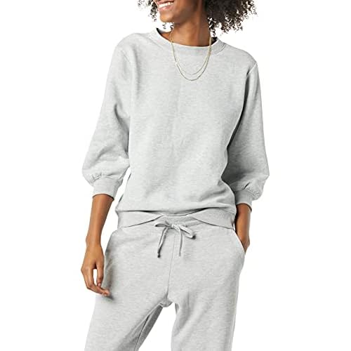 Amazon Essentials Damen-Sweatshirt aus French-Terry-Fleece, Ärmel, Rundhalsausschnitt, Grau meliert, Größe L