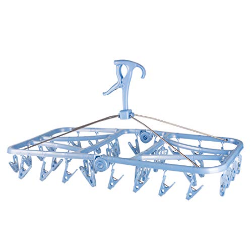 Foldable Clip and Drip Hanger, Socks Hanger Underwear Hanger with 36 Clothespins & Wind-Proof Hook, Hanger for Drying Towels, Bras, Baby Clothes, Plastic Laundry Sock Drying Hanger, Large Blue