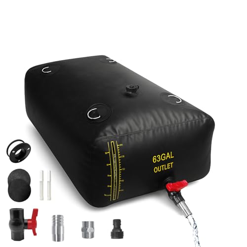 240L/63 Gal Water Bladder with Water Level Indicator, PVC Foldable and Portable Water Tank with 3 Connectors and Overflow Kit, Ideal for RV, Camping, Rainwater Collecting,Planting Watering