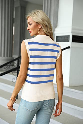 Womens Striped Zipper Sweater Vest Tank Tops Lapel Summer Sleeveless Pullover Casual Lightweight Knit Top Blue #TOP4
