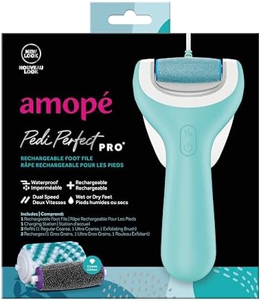 Amope Pedi Perfect Pro Wet & Dry Electric Foot File Callus Remover Kit, Waterproof, Rechargeable, Pedicure Tool for Feet, Removes Hard, Dead Skin, Feet Scrubber w/ Diamond Crystals, w/ 3 Roller Heads
