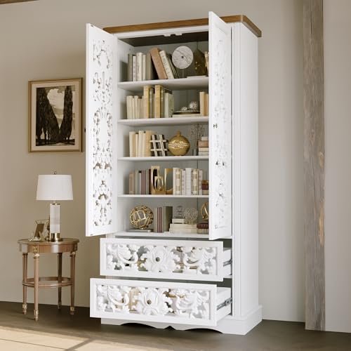 Image of 66.1 inch Tall Storage Display Cabinet, Handmade Hollow Carved Cabinet, Vintage Accent Storage Sideboard with 2 Drawers & 5-Tier Shelves for Living Room, White