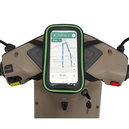 Image of Swissbell :- Polyester Handlebar Universale Mobile Holder Mount Pouch Bag Waterproof for Activa Jupiter EV Ola-S1 Pleasure Ntroq All Scooter Scooty Bike Fit 7 inches Phone (Green)