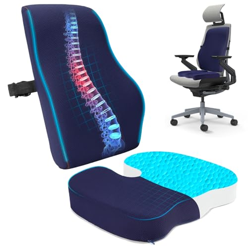 Listado de Sillon Ortopedico del mes. 47 KTMOUW Soporte Lumbar para Silla de Oficina 2 en 1 Cojin para Coxis y Ciatica Lumbar Memory Foam Cojines para Silla con Correas Ajustables Soporte Lumbar para Oficina Coche Azul