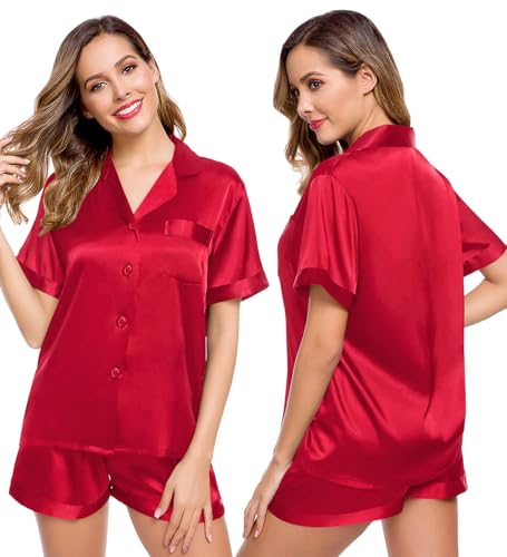 Image of LecGee Womens Silk Satin Pajamas Short Sleeve Loungewear Two-Piece Sleepwear Button-Down Pj Set