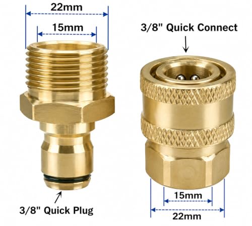 Image of Fieldstar Brass Quick Connect Adapter Set for Pressure Washer Hose Pipe, M22 x 15 mm, 2 Male + 2 Female Fittings, Leak-Proof Quick Couplers, Compatible with Most Car Wash Pressure Washer Hoses