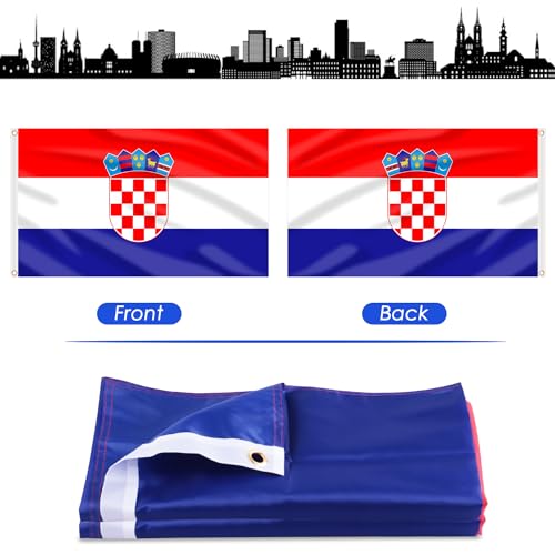 Image of AhfuLife Croatia Flag 5ft x 3ft for Party Decorations, 2 Pcs Large Croatian Flag Polyester Double Side with Brass Eyelets for Eurovision Euro Football World Cup Garden Decorations