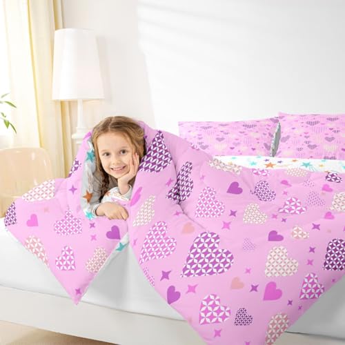 Image of Erosebridal Love and Heart Queen Comforter Set Cute Heart Pattern Bedding Set for Kids Teens Purple Valentine Bedroom Decor Love Geometric Quilt Duvet