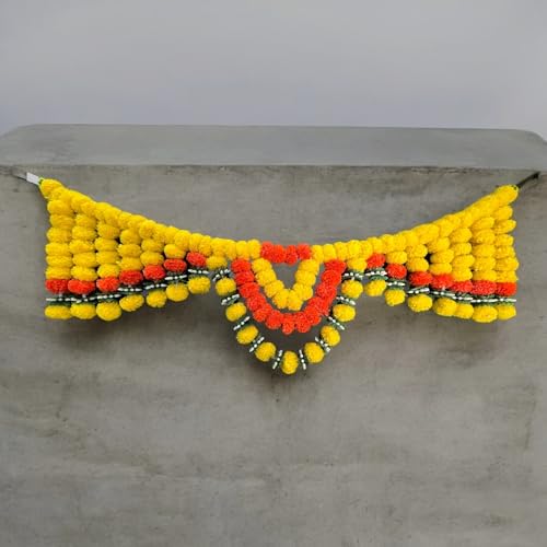 Image of iHandikart Handmade (40 Inch) Artificial Marigold Bandanwar with Chakri Mogra & Tofu Leaves Traditional Floral Door Bandanwar for Makar Sankranti, Lohri, Griha Pravesh & Elegant Home Decor (B0075)