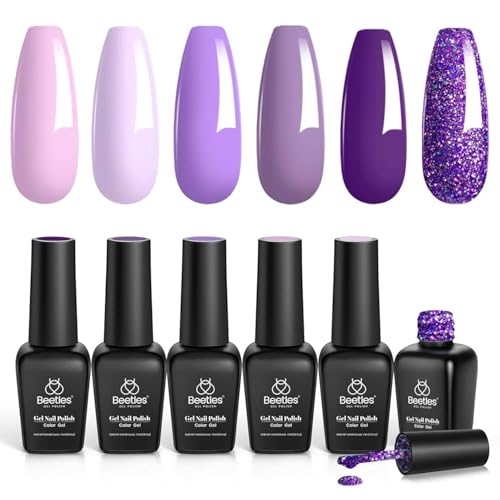 Beetles Purple Gel Polish - Grape Vine 6 Colors Purple Lavender Dark Lilac Glitter Pink Nail Polish Soak Off Uv LED Gel Nail Kit Salon Diy Nail Art Manicure Home Valentines Spring Gifts for Women