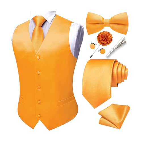 YOHOWA Orange Vest for Men V-Neck Suit Vests Tie Bowtie Set Solid Color