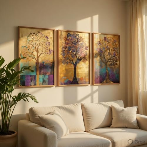 Image of Livin'luxe Abstract Tree Wall Painting Set of 3 with Wooden Frames | Modern Golden Tree Artwork HD Sparkle Laminated MDF Wall Decor | Elegant Nature Tree Wall Art for Living Room Bedroom
