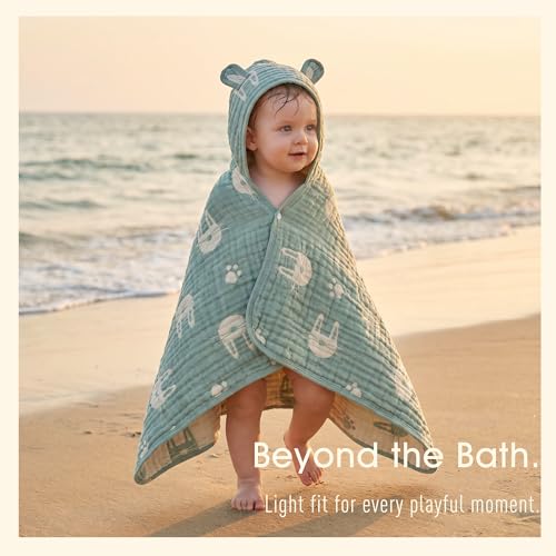 Image of Ultra-Soft Muslin Hooded Towel - 55 x 28 Inches, Made with Organic Cotton, Soft Sage Green Bunny Jacquard with Chest Snap, Ideal for Bath & Beach, for Kids Aged 0-3