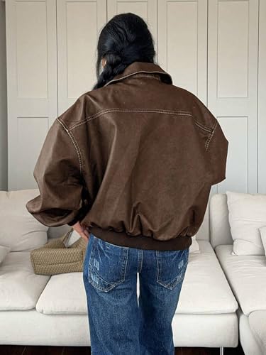 Chic and Cozy: Women's 2025 Fall Winter Coffee Brown PU Leather Jacket - Small Size - Image 3