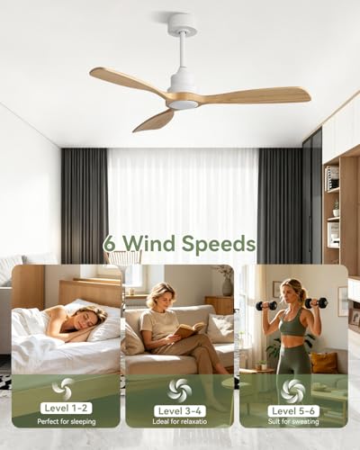Image of Sofucor 48 Inch Wood Ceiling Fan No Light with Remote, Modern, 3 Blades | Ceiling Fan without Light, Quiet Reversible DC Motor, 6 Speed, Indoor /Covered Outdoor /Bedroom /Living Room /Patio, Natural Wood